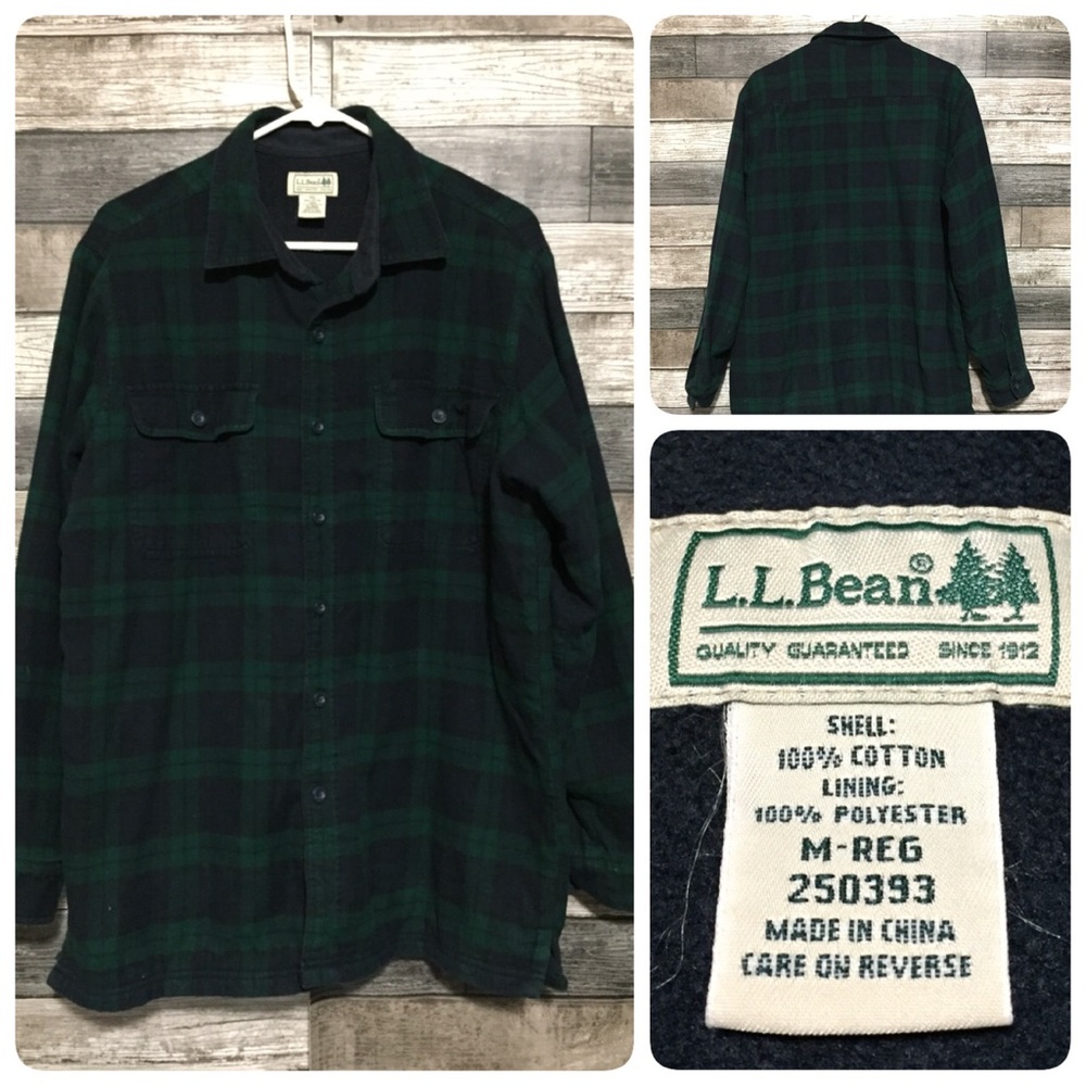 LL Bean Fleece Lined Flannel Shirt Jacket Shacket Men M Blue Green Tartan Plaid